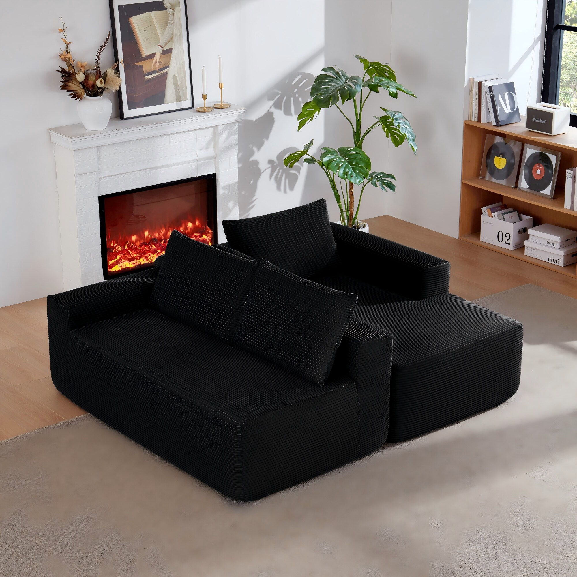 Modern Modular Corduroy Sectional Sofa With L-shaped Chaise Black_voghion.com